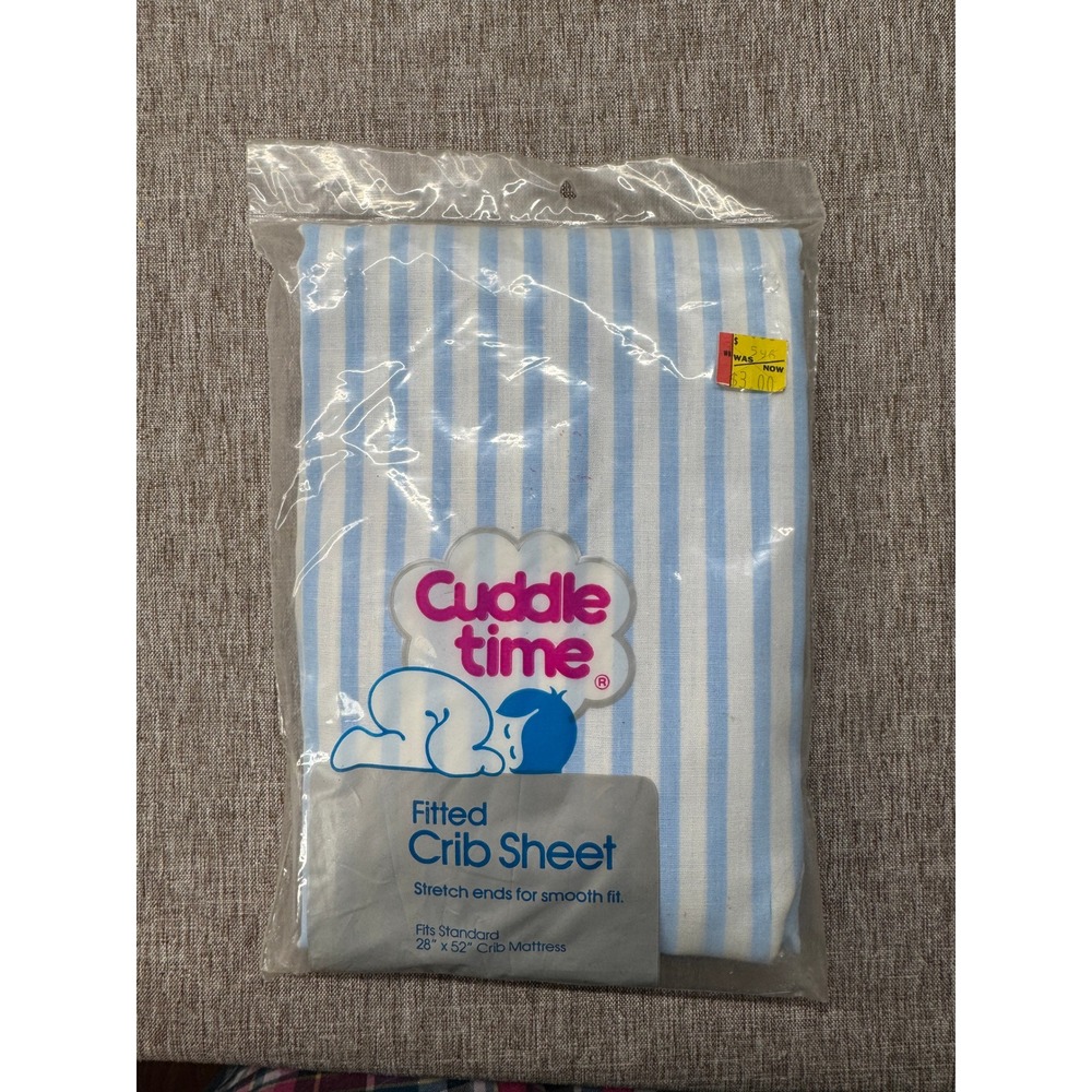Vintage Cuddle Time Blue White Striped Fitted Crib Sheet USA Made NEW